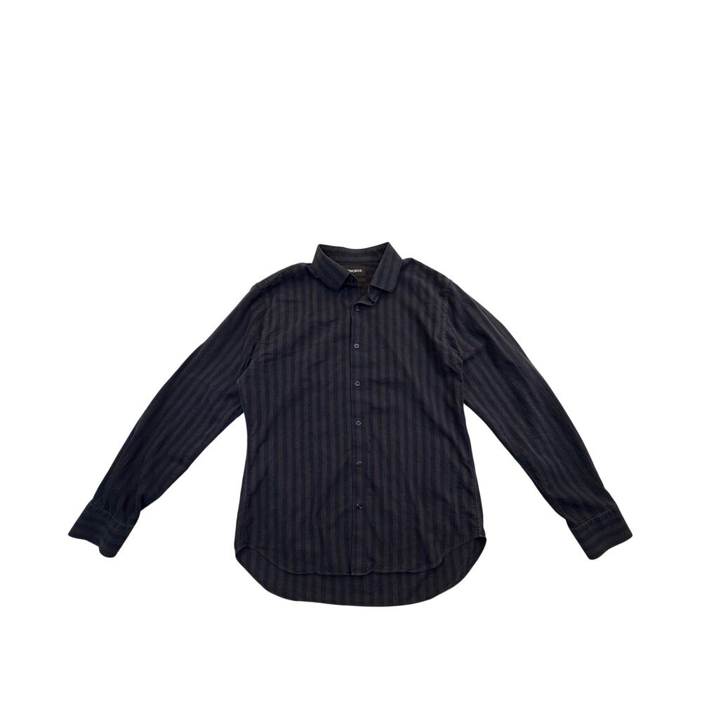 Bonobos Slim Fit Navy Blue Brown Striped Dress Shirt Size: M